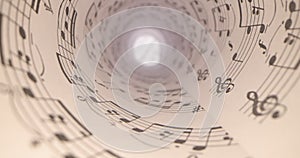 Camera slide into old yellowed music score . Musical Notes - Slider shot of musical notes