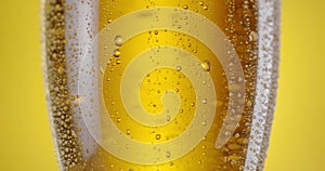 Camera slowly rises up along a beer glass with light beer.