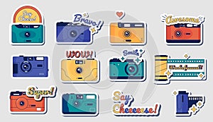 Camera stickers. Retro movie and photography camera badge, vintage film strip and photo accessory. Vector camera doodle