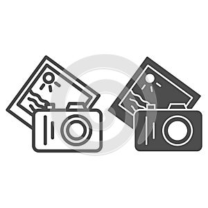 Camera and summer photo line and solid icon, Sea cruise concept, Photo shooting sign on white background, camera with