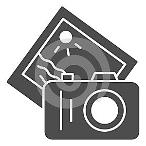 Camera and summer photo solid icon, Sea cruise concept, Photo shooting sign on white background, camera with memory card