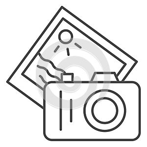 Camera and summer photo thin line icon, Sea cruise concept, Photo shooting sign on white background, camera with memory