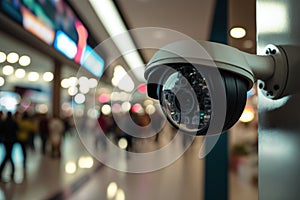 Camera surveilling a busy shopping center. Generative AI