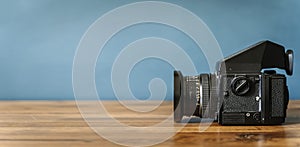 Camera is on the table. Medium format analog film camera on a blank background. Retro vintage technology style