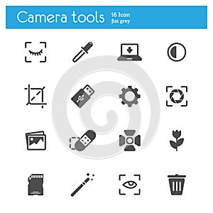 Camera tools flat gray icons set of 16