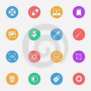 Camera tools vector flat icons on the color substrate set of 16