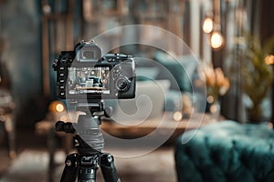 Camera on tripod filming interior video Ai photo