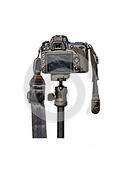 Camera at Tripod Isolated on White Background