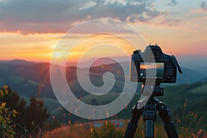 Camera on tripod with sunset background