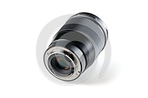 Camera and video camera lens close-up on a white background. Back view