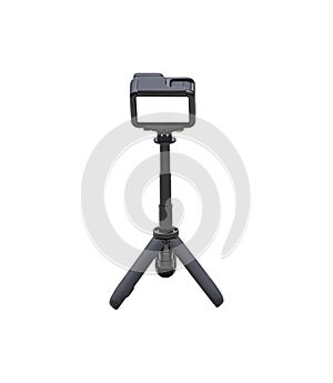Camera and video with small black stand on a white background with clipping path