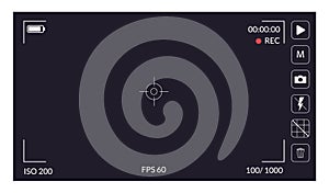 Camera viewfinder. Focusing screen recording. Black screen camera with video shooting parameters, photo quiality