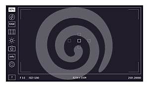 Camera viewfinder. Focusing screen recording. Black screen camera with video shooting parameters, photo quiality