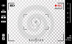 Camera Viewfinder Vector. Photo Or Video Camera Grid With Shooting Settings And Options On Screen. Recording Led Blinked. Realisti