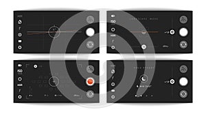 Camera viewfinders. Mobile video and photo app. Realistic interface with horizontal, landscape mode, UI elements. Dark