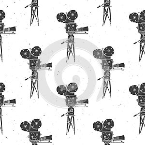 Camera vintage seamless pattern, handdrawn sketch, retro movie and film industry, vector illustration