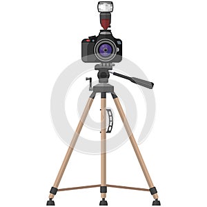 Camera with zoom lens and flesh on tripod vector