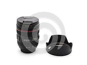 Camera Zoom Lens with Lens Hood Isolated on White Background