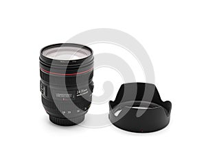 Camera Zoom Lens with Lens Hood Isolated on White Background