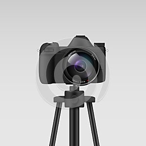 Camera with zoom lens on tripod realistic vector electronic photo video device for shooting content