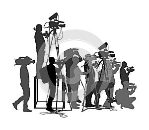 Cameraman crew follows event vector silhouette isolated on white. Concert reporter on duty. Breaking news in studio. Broadcast