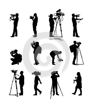 Cameraman crew follows event vector silhouette isolated on white. Concert reporter on duty. Breaking news in studio. Broadcast .