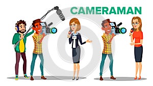 Cameraman Filming Journalist Interview Cartoon Vector Character photo