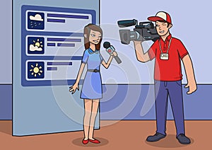 Cameraman and presenter shooting weather forecast in TV Studio. Cartoon vector illustration.