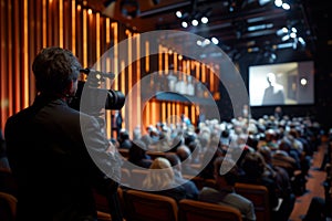 Cameraman recording a conference in a modern auditorium