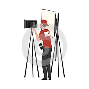 Cameraman Shooting with Professional Video Camera on Tripod, Television Industry Concept Cartoon Style Vector