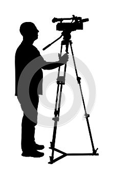 Cameraman  silhouette with video camera on event, concert, sport match,  isolated on background. Reporter .