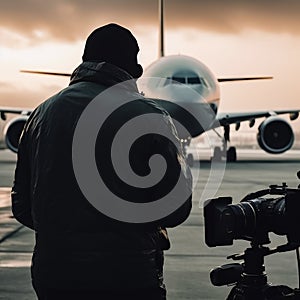 Cameraman stooped from cold stands at airplane runway with camera beside. Rear view. Plane at backdrop. Generative AI