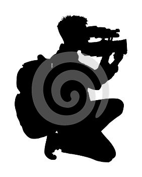 Cameraman vector silhouette with video camera and backpack on event, concert, sport event, isolated on background.