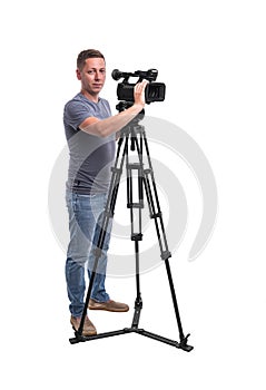 Video camera operator isolated on a white background.