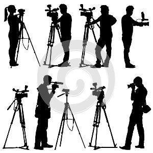 Cameraman with video camera. Silhouettes on white
