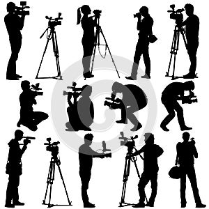 Cameraman with video camera. Silhouettes on white