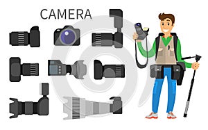 Cameras with Lens, Photographer and Equipment Icon