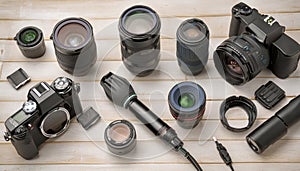 Cameras optics and camera lenses on a wooden table