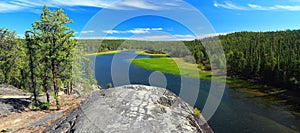 Canada Landscape Panorama of Peaceful Cameron River and Canadian Shield, Hidden Lake Territorial Park, Northwest Territories photo