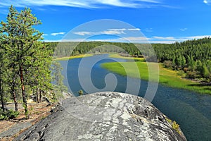 Cameron River with Canadian Shield Rock Outcropping in Boreal Forest, Hidden Lake Territorial Park, Northwest Territories, Canada