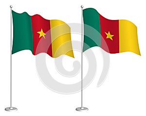 Cameroon flag on flagpole waving in wind. Holiday design element. Checkpoint for map symbols. Isolated vector on white background