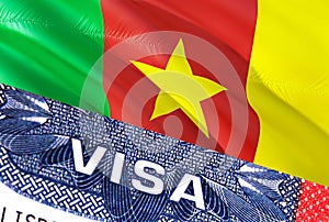Cameroon Visa Document, with Cameroon flag in background. Cameroon flag with Close up text VISA on USA visa stamp in passport,3D