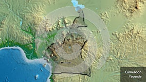 Cameroun border shape overlay. Bevelled. Physical. Labels