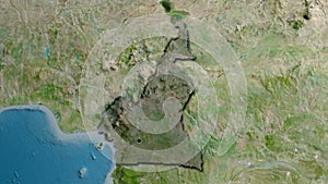 Cameroun border shape overlay. Bevelled. Satellite.