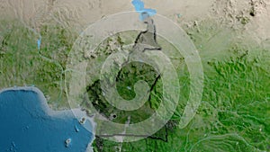 Cameroun border shape overlay. Bevelled. Satellite.