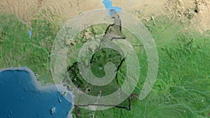 Cameroun border shape overlay. Bevelled. Satellite.