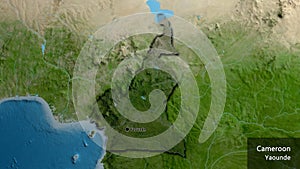 Cameroun border shape overlay. Bevelled. Satellite. Labels