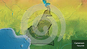 Cameroun border shape overlay. Bevelled. Topographic. Labels