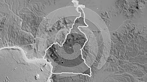 Cameroun border shape overlay. Glowed. Grayscale.