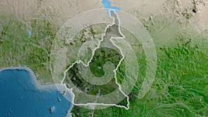 Cameroun border shape overlay. Glowed. Satellite.